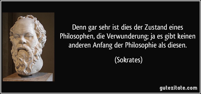 Denn gar sehr ist dies der Zustand eines Philosophen, die Verwunderung; ja es gibt keinen anderen Anfang der Philosophie als diesen. (Sokrates)