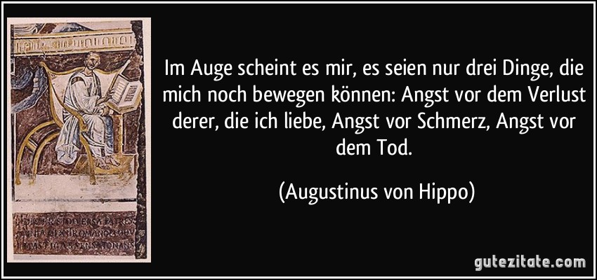 Im Auge scheint es mir, es seien nur drei Dinge, die mich noch bewegen können: Angst vor dem Verlust derer, die ich liebe, Angst vor Schmerz, Angst vor dem Tod. (Augustinus von Hippo)