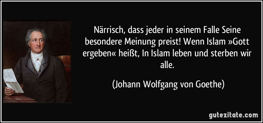 Närrisch, dass jeder in seinem Falle / Seine besondere Meinung preist! / Wenn Islam »Gott ergeben« heißt, / In Islam leben und sterben wir alle. (Johann Wolfgang von Goethe)