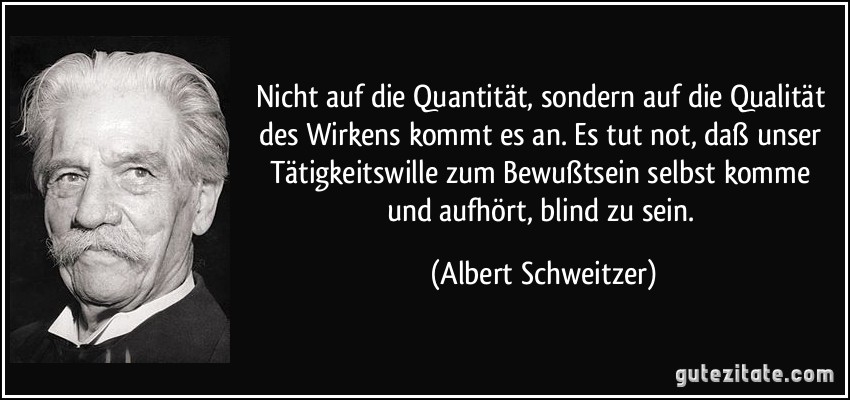 Nicht auf die Quantität, sondern auf die Qualität des Wirkens kommt es an. Es tut not, daß unser Tätigkeitswille zum Bewußtsein selbst komme und aufhört, blind zu sein. (Albert Schweitzer)