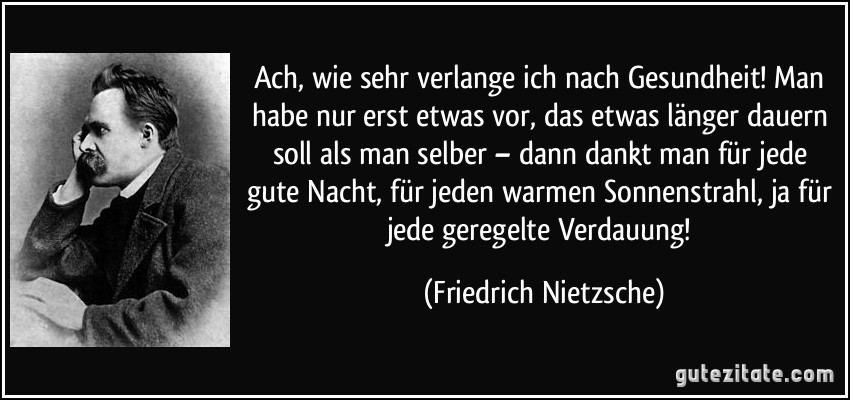 Ach, wie sehr verlange ich nach Gesundheit! Man habe nur erst etwas vor, das etwas länger dauern soll als man selber – dann dankt man für jede gute Nacht, für jeden warmen Sonnenstrahl, ja für jede geregelte Verdauung! (Friedrich Nietzsche)