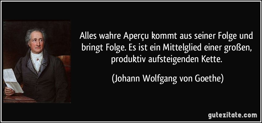 Alles wahre Aperçu kommt aus seiner Folge und bringt Folge. Es ist ein Mittelglied einer großen, produktiv aufsteigenden Kette. (Johann Wolfgang von Goethe)