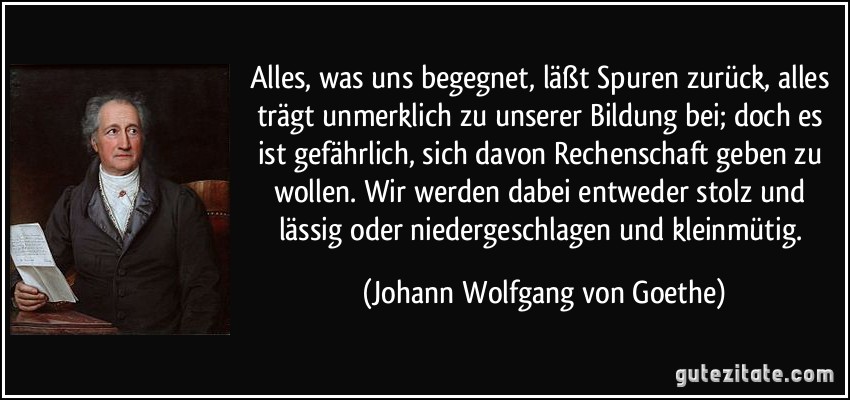 Alles, was uns begegnet, läßt Spuren zurück, alles trägt unmerklich zu unserer Bildung bei; doch es ist gefährlich, sich davon Rechenschaft geben zu wollen. Wir werden dabei entweder stolz und lässig oder niedergeschlagen und kleinmütig. (Johann Wolfgang von Goethe)