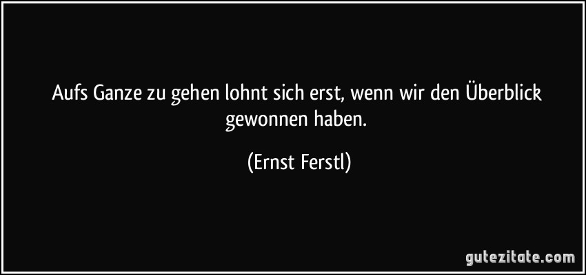 Aufs Ganze zu gehen lohnt sich erst, wenn wir den Überblick gewonnen haben. (Ernst Ferstl)