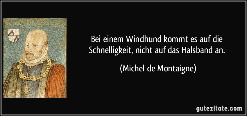 Bei einem Windhund kommt es auf die Schnelligkeit, nicht auf das Halsband an. (Michel de Montaigne)