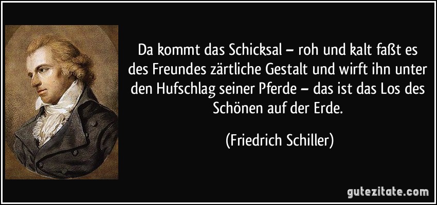 Da kommt das Schicksal – roh und kalt faßt es des Freundes zärtliche Gestalt und wirft ihn unter den Hufschlag seiner Pferde – das ist das Los des Schönen auf der Erde. (Friedrich Schiller)