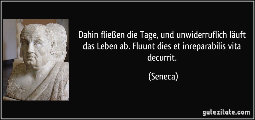 Dahin fließen die Tage, und unwiderruflich läuft das Leben ab. Fluunt dies et inreparabilis vita decurrit. (Seneca)