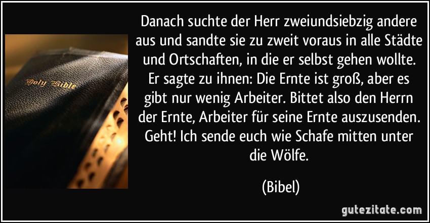 Danach suchte der Herr zweiundsiebzig andere aus und sandte sie zu zweit voraus in alle Städte und Ortschaften, in die er selbst gehen wollte. Er sagte zu ihnen: Die Ernte ist groß, aber es gibt nur wenig Arbeiter. Bittet also den Herrn der Ernte, Arbeiter für seine Ernte auszusenden. Geht! Ich sende euch wie Schafe mitten unter die Wölfe. (Bibel)