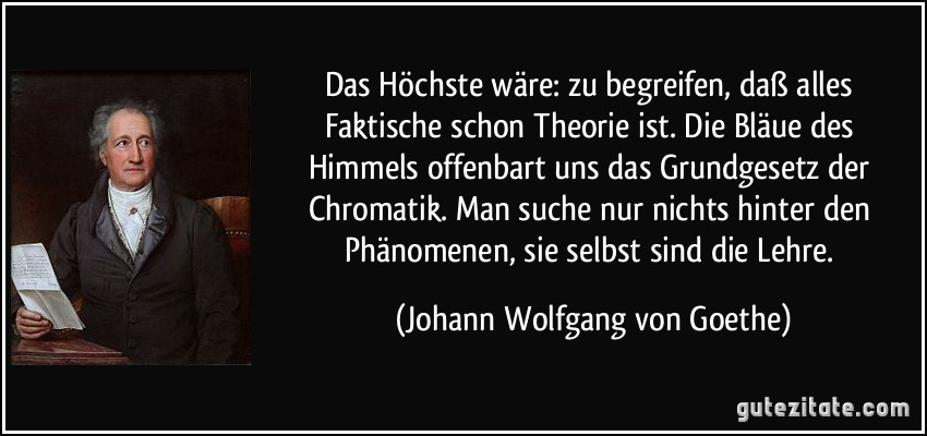 Das Höchste wäre: zu begreifen, daß alles Faktische schon Theorie ist. Die Bläue des Himmels offenbart uns das Grundgesetz der Chromatik. Man suche nur nichts hinter den Phänomenen, sie selbst sind die Lehre. (Johann Wolfgang von Goethe)