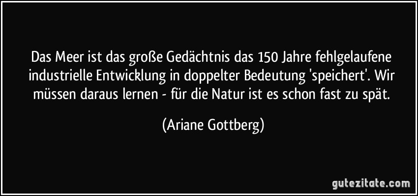 Das Meer ist das große Gedächtnis das 150 Jahre fehlgelaufene industrielle Entwicklung in doppelter Bedeutung 'speichert'. Wir müssen daraus lernen - für die Natur ist es schon fast zu spät. (Ariane Gottberg)