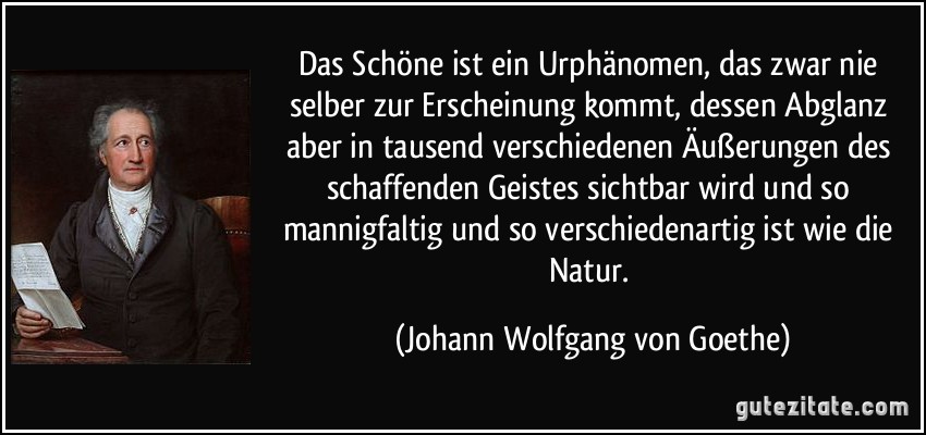 Das Schöne ist ein Urphänomen, das zwar nie selber zur Erscheinung kommt, dessen Abglanz aber in tausend verschiedenen Äußerungen des schaffenden Geistes sichtbar wird und so mannigfaltig und so verschiedenartig ist wie die Natur. (Johann Wolfgang von Goethe)