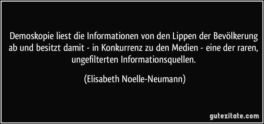 Demoskopie liest die Informationen von den Lippen der Bevölkerung ab und besitzt damit - in Konkurrenz zu den Medien - eine der raren, ungefilterten Informationsquellen. (Elisabeth Noelle-Neumann)
