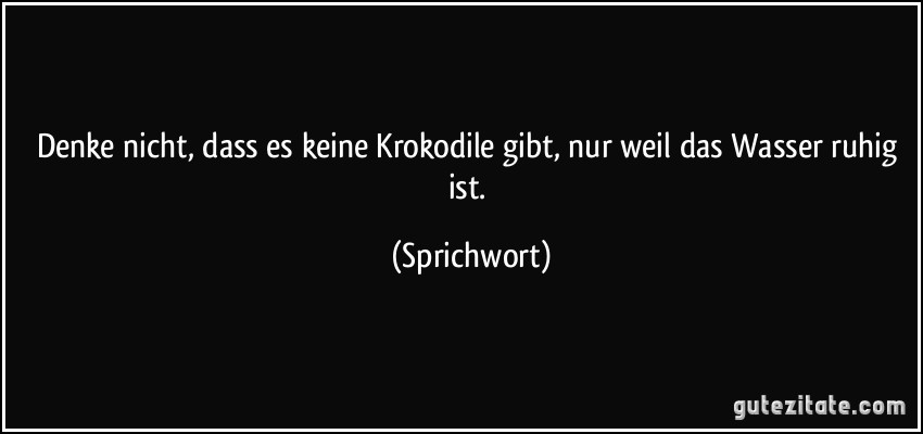 Denke nicht, dass es keine Krokodile gibt, nur weil das Wasser ruhig ist. (Sprichwort)