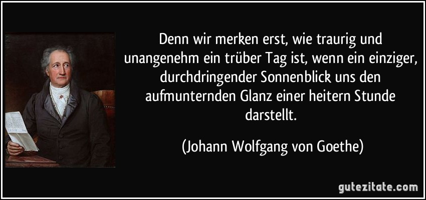 Denn wir merken erst, wie traurig und unangenehm ein trüber Tag ist, wenn ein einziger, durchdringender Sonnenblick uns den aufmunternden Glanz einer heitern Stunde darstellt. (Johann Wolfgang von Goethe)