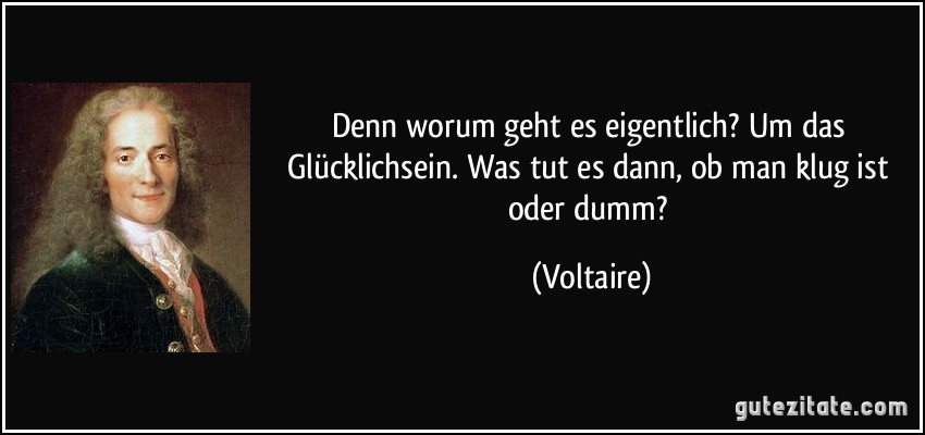 Denn worum geht es eigentlich? Um das Glücklichsein. Was tut es dann, ob man klug ist oder dumm? (Voltaire)