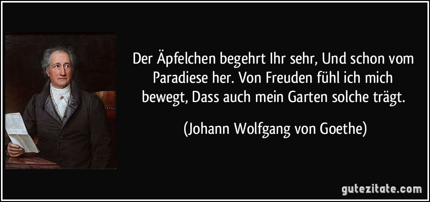 Der Äpfelchen begehrt Ihr sehr, / Und schon vom Paradiese her. / Von Freuden fühl ich mich bewegt, / Dass auch mein Garten solche trägt. (Johann Wolfgang von Goethe)