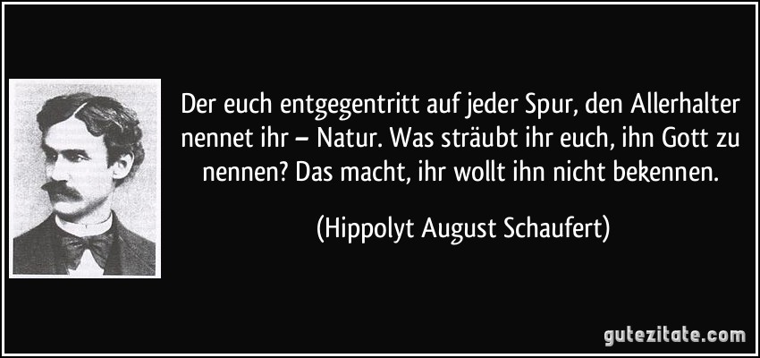 Der euch entgegentritt auf jeder Spur, den Allerhalter nennet ihr – Natur. Was sträubt ihr euch, ihn Gott zu nennen? Das macht, ihr wollt ihn nicht bekennen. (Hippolyt August Schaufert)