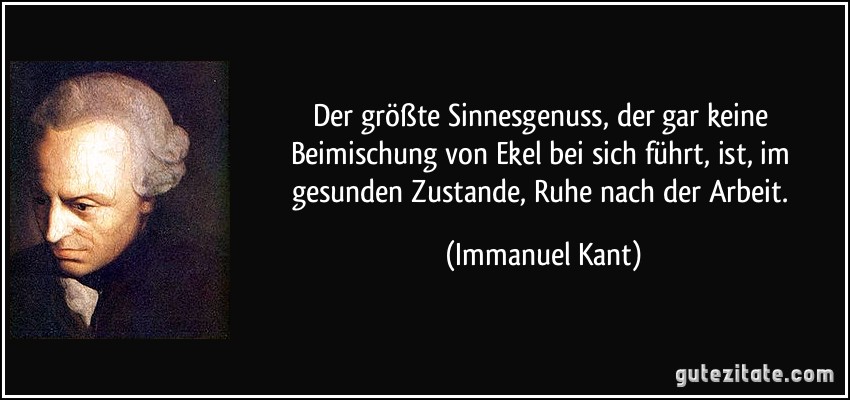 Der größte Sinnesgenuss, der gar keine Beimischung von Ekel bei sich führt, ist, im gesunden Zustande, Ruhe nach der Arbeit. (Immanuel Kant)