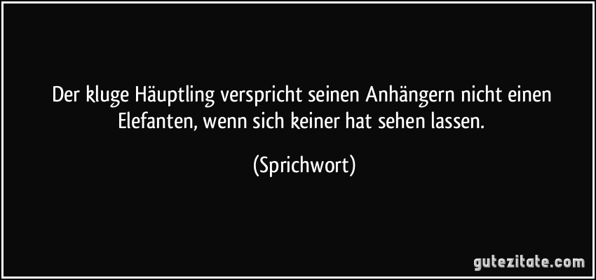 Der kluge Häuptling verspricht seinen Anhängern nicht einen Elefanten, wenn sich keiner hat sehen lassen. (Sprichwort)