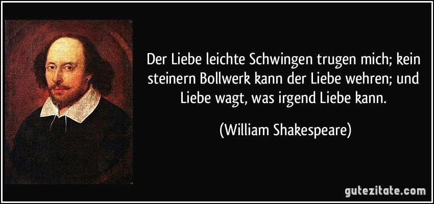 Der Liebe leichte Schwingen trugen mich; kein steinern Bollwerk kann der Liebe wehren; und Liebe wagt, was irgend Liebe kann. (William Shakespeare)