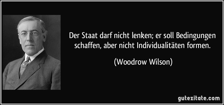 Der Staat darf nicht lenken; er soll Bedingungen schaffen, aber nicht Individualitäten formen. (Woodrow Wilson)