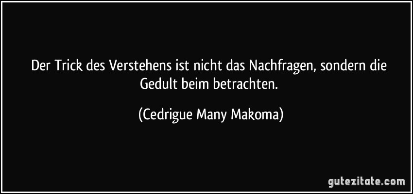 Der Trick des Verstehens ist nicht das Nachfragen, sondern die Gedult beim betrachten. (Cedrigue Many Makoma)