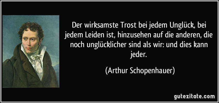 Der wirksamste Trost bei jedem Unglück, bei jedem Leiden ist, hinzusehen auf die anderen, die noch unglücklicher sind als wir: und dies kann jeder. (Arthur Schopenhauer)