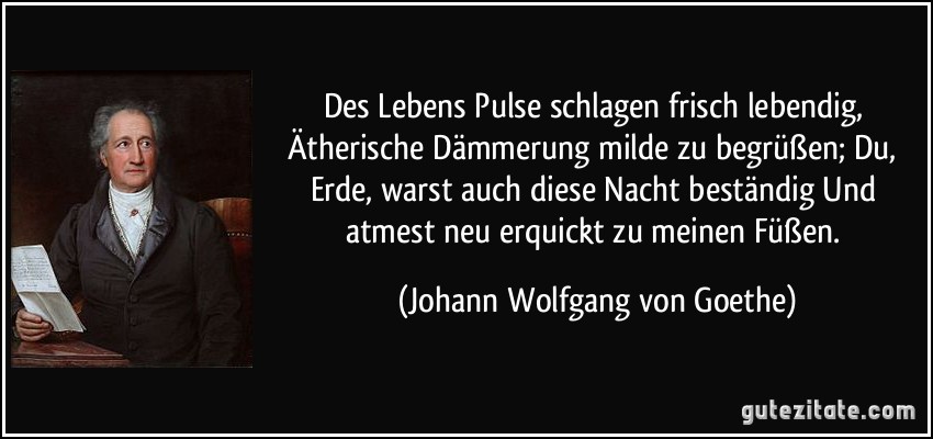 Des Lebens Pulse schlagen frisch lebendig, / Ätherische Dämmerung milde zu begrüßen; / Du, Erde, warst auch diese Nacht beständig / Und atmest neu erquickt zu meinen Füßen. (Johann Wolfgang von Goethe)