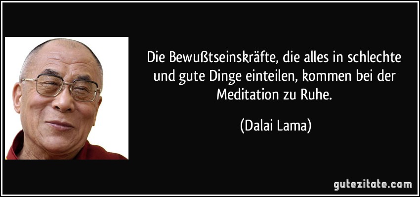 Die Bewußtseinskräfte, die alles in schlechte und gute Dinge einteilen, kommen bei der Meditation zu Ruhe. (Dalai Lama)