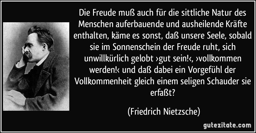 Die Freude muß auch für die sittliche Natur des Menschen auferbauende und ausheilende Kräfte enthalten, käme es sonst, daß unsere Seele, sobald sie im Sonnenschein der Freude ruht, sich unwillkürlich gelobt ›gut sein!‹, ›vollkommen werden!‹ und daß dabei ein Vorgefühl der Vollkommenheit gleich einem seligen Schauder sie erfaßt? (Friedrich Nietzsche)