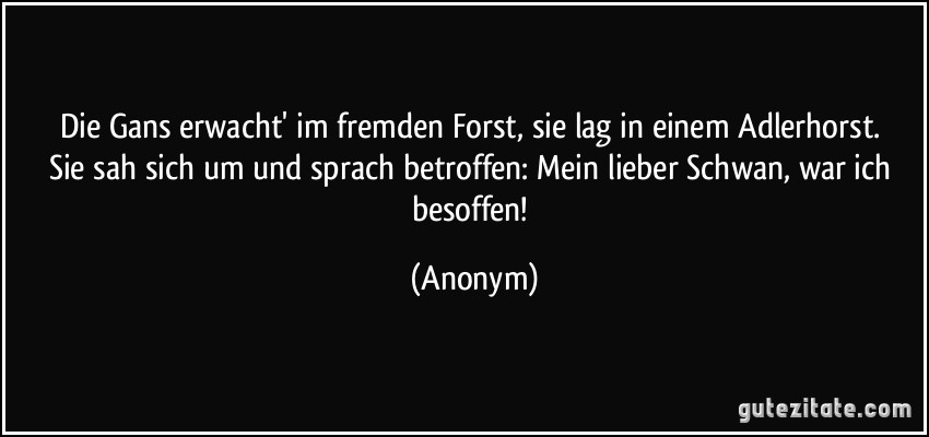 Die Gans erwacht' im fremden Forst,/ sie lag in einem Adlerhorst./ Sie sah sich um und sprach betroffen:/ Mein lieber Schwan, war ich besoffen! (Anonym)