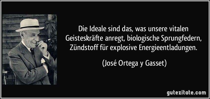 Die Ideale sind das, was unsere vitalen Geisteskräfte anregt, biologische Sprungfedern, Zündstoff für explosive Energieentladungen. (José Ortega y Gasset)