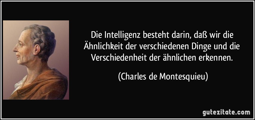 Die Intelligenz besteht darin, daß wir die Ähnlichkeit der verschiedenen Dinge und die Verschiedenheit der ähnlichen erkennen. (Charles de Montesquieu)