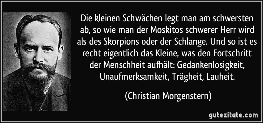 Die kleinen Schwächen legt man am schwersten ab, so wie man der Moskitos schwerer Herr wird als des Skorpions oder der Schlange. Und so ist es recht eigentlich das Kleine, was den Fortschritt der Menschheit aufhält: Gedankenlosigkeit, Unaufmerksamkeit, Trägheit, Lauheit. (Christian Morgenstern)