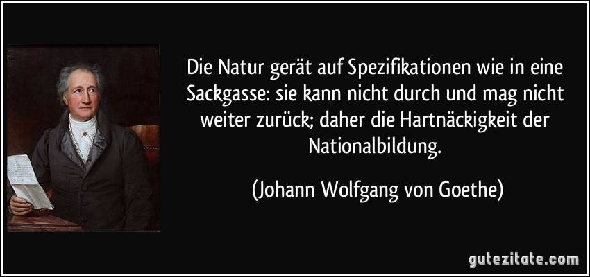 Die Natur gerät auf Spezifikationen wie in eine Sackgasse: sie kann nicht durch und mag nicht weiter zurück; daher die Hartnäckigkeit der Nationalbildung. (Johann Wolfgang von Goethe)