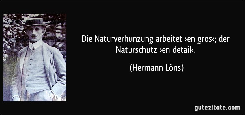 Die Naturverhunzung arbeitet ›en gros‹; der Naturschutz ›en detail‹. (Hermann Löns)