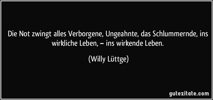 Die Not zwingt alles Verborgene, Ungeahnte, das Schlummernde, ins wirkliche Leben, – ins wirkende Leben. (Willy Lüttge)