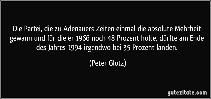 Die Partei, die zu Adenauers Zeiten einmal die absolute Mehrheit gewann und für die er 1966 noch 48 Prozent holte, dürfte am Ende des Jahres 1994 irgendwo bei 35 Prozent landen. (Peter Glotz)