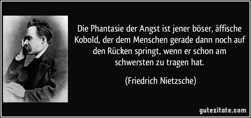 Die Phantasie der Angst ist jener böser, äffische Kobold, der dem Menschen gerade dann noch auf den Rücken springt, wenn er schon am schwersten zu tragen hat. (Friedrich Nietzsche)