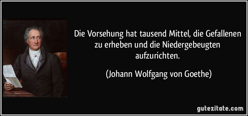 Die Vorsehung hat tausend Mittel, die Gefallenen zu erheben und die Niedergebeugten aufzurichten. (Johann Wolfgang von Goethe)