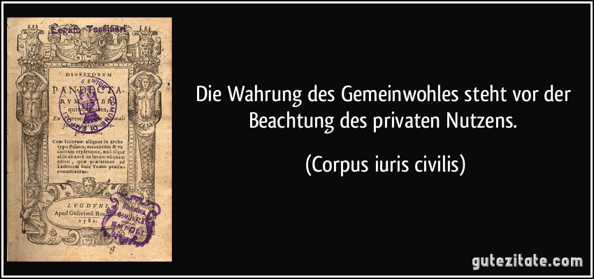 Die Wahrung des Gemeinwohles steht vor der Beachtung des privaten Nutzens. (Corpus iuris civilis)