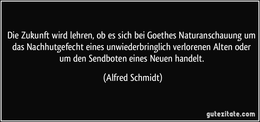 Die Zukunft wird lehren, ob es sich bei Goethes Naturanschauung um das Nachhutgefecht eines unwiederbringlich verlorenen Alten oder um den Sendboten eines Neuen handelt. (Alfred Schmidt)