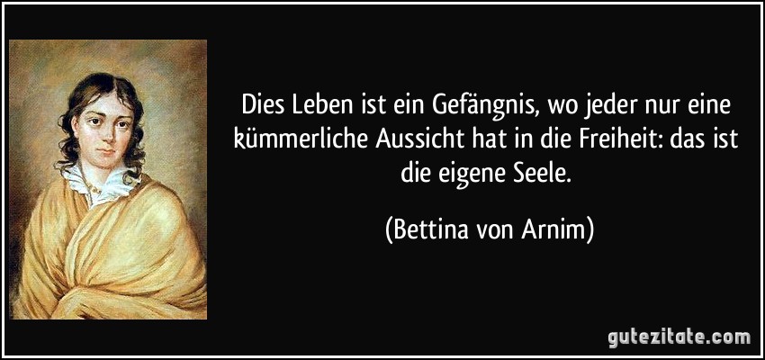 Dies Leben ist ein Gefängnis, wo jeder nur eine kümmerliche Aussicht hat in die Freiheit: das ist die eigene Seele. (Bettina von Arnim)