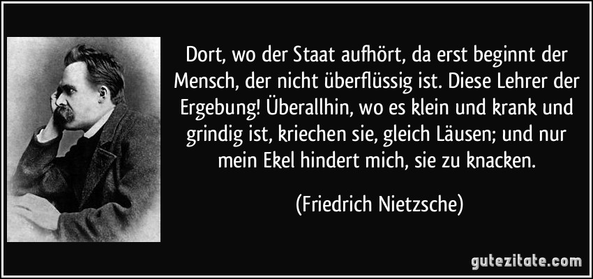 Dort, wo der Staat aufhört, da erst beginnt der Mensch, der nicht überflüssig ist. Diese Lehrer der Ergebung! Überallhin, wo es klein und krank und grindig ist, kriechen sie, gleich Läusen; und nur mein Ekel hindert mich, sie zu knacken. (Friedrich Nietzsche)