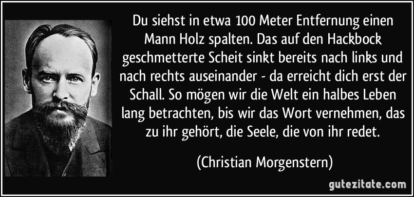 Du siehst in etwa 100 Meter Entfernung einen Mann Holz spalten. Das auf den Hackbock geschmetterte Scheit sinkt bereits nach links und nach rechts auseinander - da erreicht dich erst der Schall. So mögen wir die Welt ein halbes Leben lang betrachten, bis wir das Wort vernehmen, das zu ihr gehört, die Seele, die von ihr redet. (Christian Morgenstern)