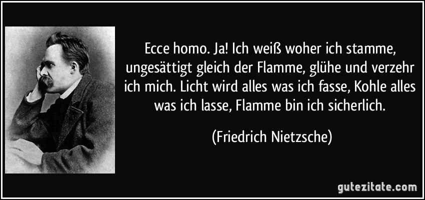 Ecce homo. Ja! Ich weiß woher ich stamme, ungesättigt gleich der Flamme, glühe und verzehr ich mich. Licht wird alles was ich fasse, Kohle alles was ich lasse, Flamme bin ich sicherlich. (Friedrich Nietzsche)