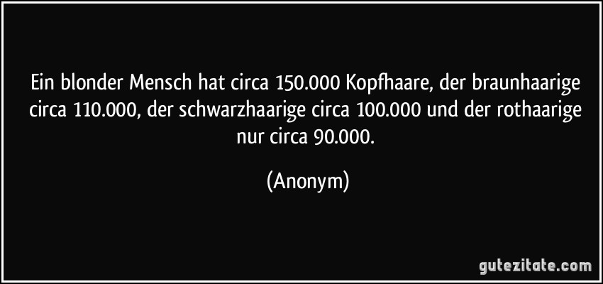 Ein blonder Mensch hat circa 150.000 Kopfhaare, der braunhaarige circa 110.000, der schwarzhaarige circa 100.000 und der rothaarige nur circa 90.000. (Anonym)