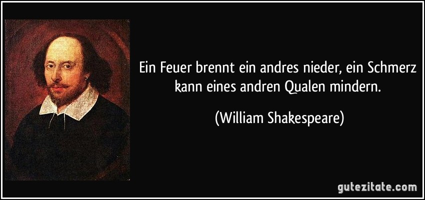 Ein Feuer brennt ein andres nieder, ein Schmerz kann eines andren Qualen mindern. (William Shakespeare)