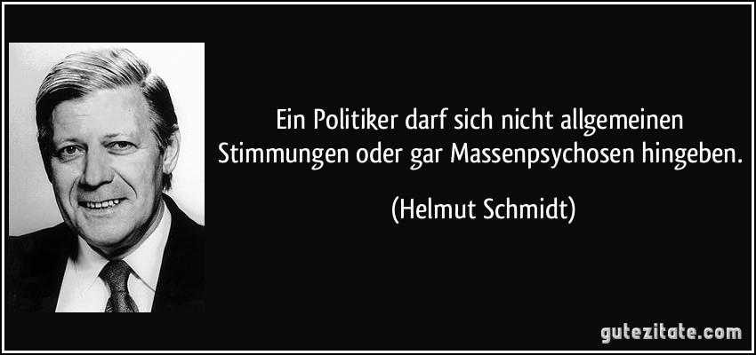 Ein Politiker darf sich nicht allgemeinen Stimmungen oder gar Massenpsychosen hingeben. (Helmut Schmidt)