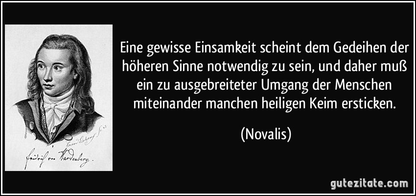 Eine gewisse Einsamkeit scheint dem Gedeihen der höheren Sinne notwendig zu sein, und daher muß ein zu ausgebreiteter Umgang der Menschen miteinander manchen heiligen Keim ersticken. (Novalis)